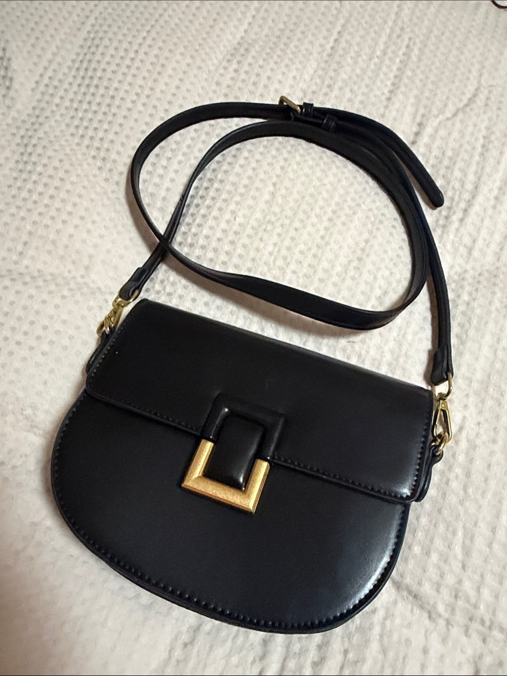 Black Leather Crossbody Bag with Gold Square Buckle